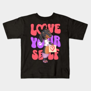 Cute Doxie Dog on a Dachshund Love Yourself tee Kids T-Shirt